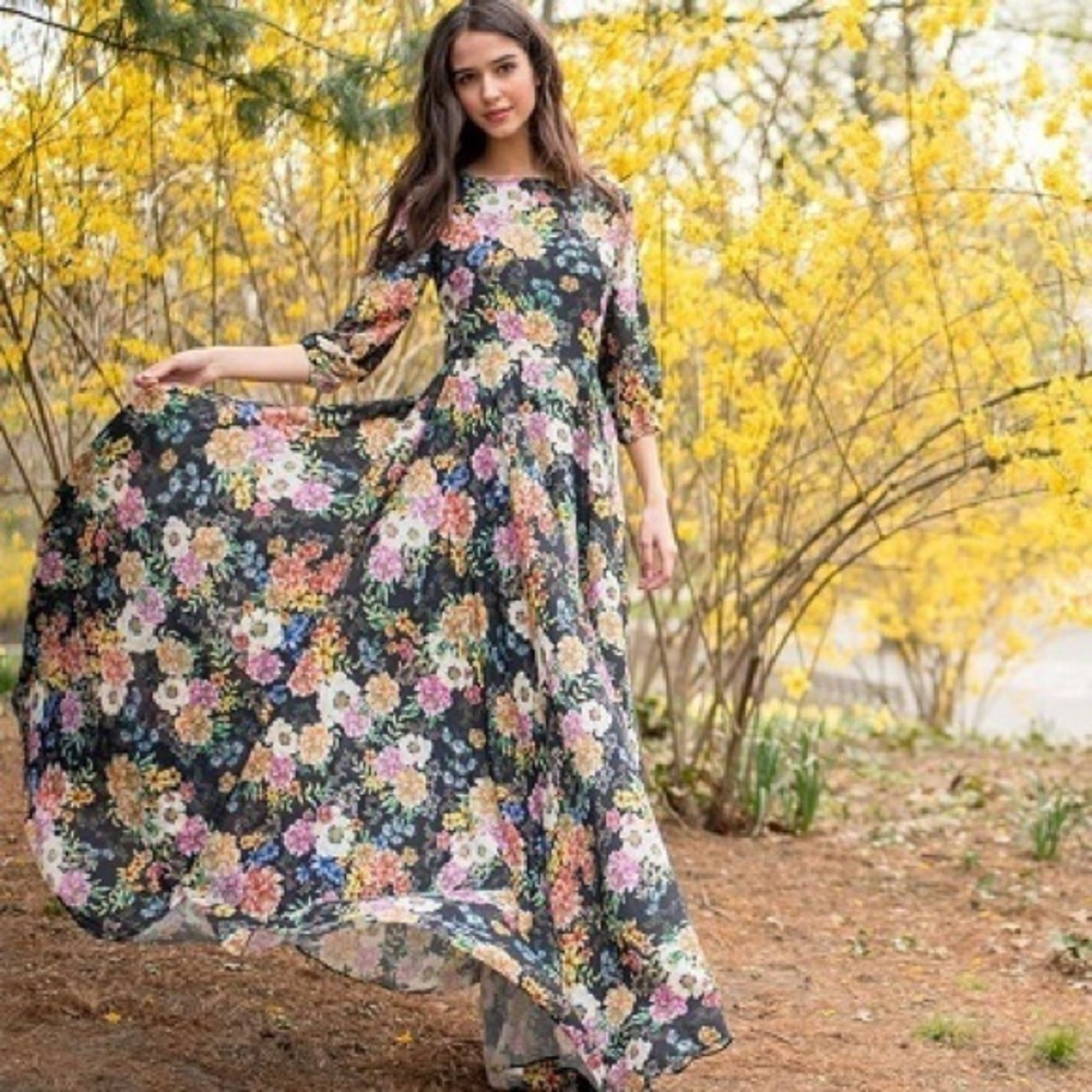 Anthropologie Floral Maxi Dress - Black, Pink, Green